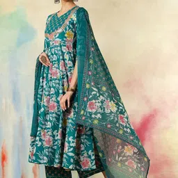 URMIR FASHION Women Floral Printed Tiered Mirror Work Kurta with Palazzos & With Dupatta-picture-29