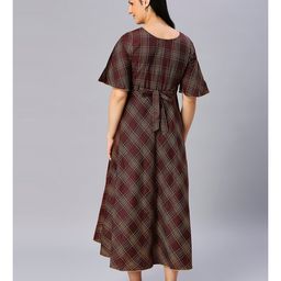 Dummy Shape Half Sleeves Abstract Printed Maternity Flare Kurta With Concealed Zipper Nursing Access - Brown image 5
