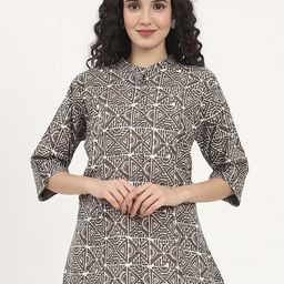 Divena Tribal Print Mandarin Collar Roll-Up Sleeves Cotton Shirt Style Top-image-63