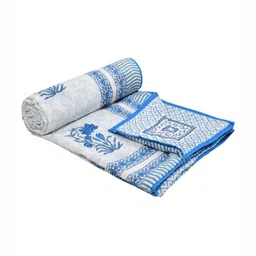 Sangria Blue & White Hand Floral Printed Cotton AC Room 150 GSM Single Dohar-image-24