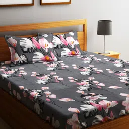 Fashion String Grey & Pink Floral Printed Microfiber 144 TC Queen Bedsheet Set-image-71