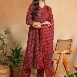 KALINI Floral Printed V-Neck Pleated A-Line Kurta With Trousers & Dupatta-51
