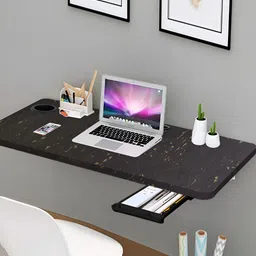Torche Black Wood Wall Mounted Foldable Study Table With Cup Holder & Drawer-23