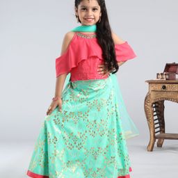 Babyhug Sleeveless Embellished Choli & Floral Print Lehenga With Dupatta - Pink Mint-picture-18