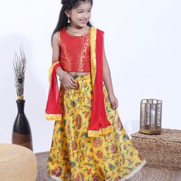 Babyhug Sleeveless Choli & Lehenga With Dupatta Floral Print -Red Yellow-picture-19