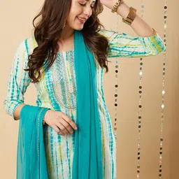 DIVASTRI Abstract Printed Round Neck Straight Kurta With Trouser And Dupatta image 2