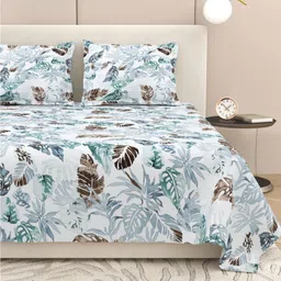 DREAM WEAVERZ White And Grey Printed Cotton 220 TC King Bedsheet Set 2.75m x 2.55m-image-0
