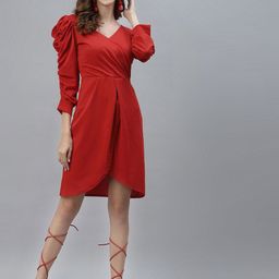 Selvia Women Cherry Red Puff Sleeve Wrap Dress-image-58