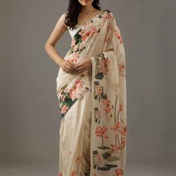ODETTE Cream Georgette Lotus Printed Saree With Unstitched Blouse-image-7