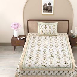 Jinaya's Multicoloured & Multicoloured Floral 210 TC Single Bedsheet with 1 Pillow Covers-image-86