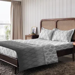 The Happy Pod Grey Geometric Pure Cotton 144 TC Flat Queen Bedsheet With 2 Pillow Covers-image-36
