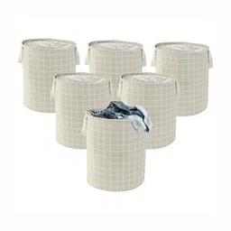 Aura 6-Pcs Grey Checked Cotton Foldable Laundry Bags With Handle - 60L-7