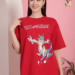 Dreambe Women Pack of 2 Tom & Jerry Typography Printed Cotton Oversized T-shirts-image-26