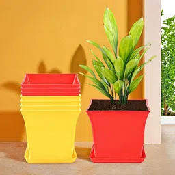 Kuber Industries 8-Pcs Red & Yellow Premium Flower Pots for Garden withBottomPlates-13
