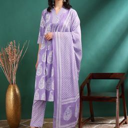 YASH GALLERY Women Floral Printed Regular Pure Cotton Kurta with Trousers & With Dupatta-picture-9