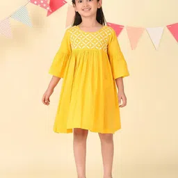 Fabindia Girls Ethnic Motifs Embroidered Bell Sleeve Fit & Flare Dress-image-97