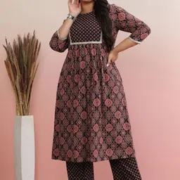 anayna Women Floral Printed Tiered Gotta Patti Pure Cotton Kurta with Trousers-picture-39