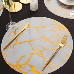 HOKIPO White & Yellow 6 Pieces Abstract Printed Shining Round Table Placemats-15