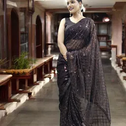 Blissta Checked Sequinned Poly Georgette Designer Saree-7