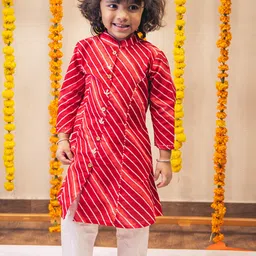 Hoshi by A&T Girls Leheriya Striped Regular Pure Cotton A-Line Kurta with Pyjamas-image-11