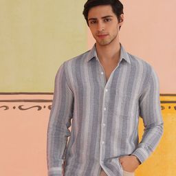 Indian Needle Men Classic Spread Collar Vertical Striped Cotton Casual Shirt-picture-47