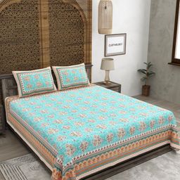 CLOTHOLOGY Turquoise Blue Floral Pure Cotton 180 TC King Bedsheet Set 2.75m x 2.25m-image-91