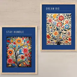 WALLLANE Brown & Navy Blue 3 Piece Wood Floral and Botanical Wall Paintings-58