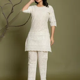 Aralia Embroidered Round Neck Pure Cotton Tunic & Trousers-picture-57