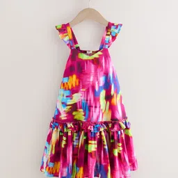 NEXT Kids Girls Abstract Printed Pure Cotton A-Line Dress-image-3