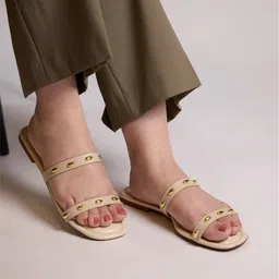 CAI Women Two Strap Cream Stud Open Toe Flats-7