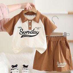 LULU & SKY Boys Typographic Printed Polo Collar Pure Cotton T-shirt With Shorts-picture-17