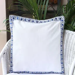 Crown of Poppies White & Blue Indigo Impressions Embroidered Cotton Square Cushion Cover-image-18
