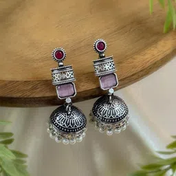 NAMAN ARTS Silver-Plated Artificial Stones Studded & Beaded Oxidised Jhumkas-73