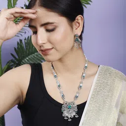 PUJVI Stone Studded Oxidised Jewellery Set-97