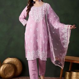 DIVASTRI CHIKANKARI Women Thread Work Notch Neck Straight Kurta & Trousers With Dupatta-picture-30