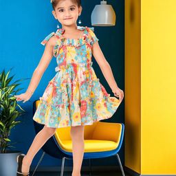 KAARIGARI Girls Floral Print Gathered or Pleated Georgette Fit & Flare Midi Dress-image-41