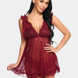 Lace Babydoll Nightdress with Bow & Ruffle Trim-image-32