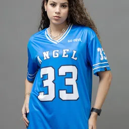 GO DEVIL Women Varsity Printed V-Neck Applique T-shirt-image-88