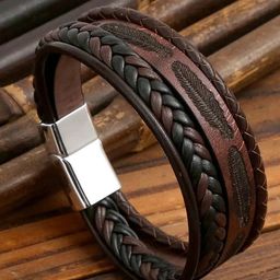 MEENAZ Men Leather Oxidised Silver-Plated Multistrand Bracelet-image-104