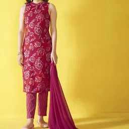 Anouk Red Floral Printed Keyhole Neck Gotta Patti Straight Kurta With Trousers & Dupatta-picture-53
