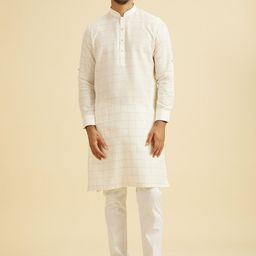 Manyavar Checked Mandarin Collar Linen Straight Kurta-image-40