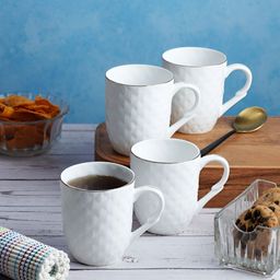 Aura White Geometric Textured Ceramic Glossy Mugs Set of Cups and Mugs-24