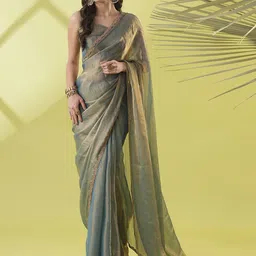 VILLAGIUS Embellished Zari Silk Blend Ready to Wear Ikat Saree-image-60