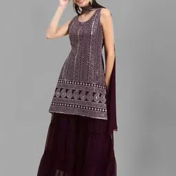 PARROT CREATION Women Embroidered Regular Sequinned Kurti with Sharara & With Dupatta image 2