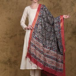 Exotic India Floral Printed Kalamkari Silk Dupatta-image-33