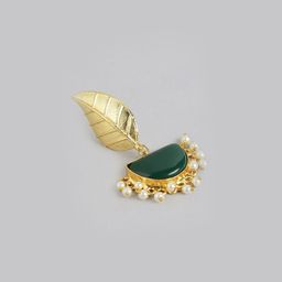 Anouk Gold-Plated Artificial Stones Studded & Beaded Leaf Shaped Drop Earrings image 3