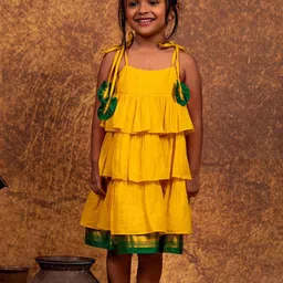 MIRALI Girl's Yellow Cotton Shoulder Straps A-Line Layered Dress-picture-45