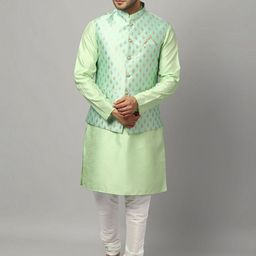 Ethluxis Mandarin Collar Jacquard Dupion Silk Kurta With Churidar & Nehru Jacket-image-98
