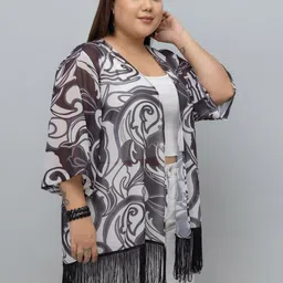 PURYS PLUS Abstract Printed Tasselled Regular Shrug image 5