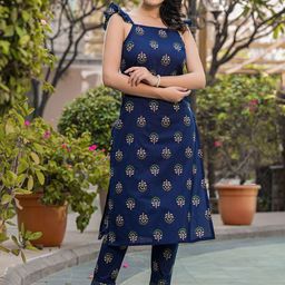 Anouk Navy Blue Floral Printed Square Neck Pure Cotton Straight Kurta With Trouser-14